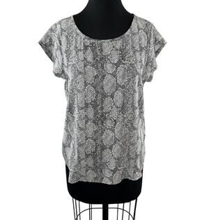 JOIE Black Gray Snake Python Print 100% Silk Short Sleeve Dolman Keyhole Top M